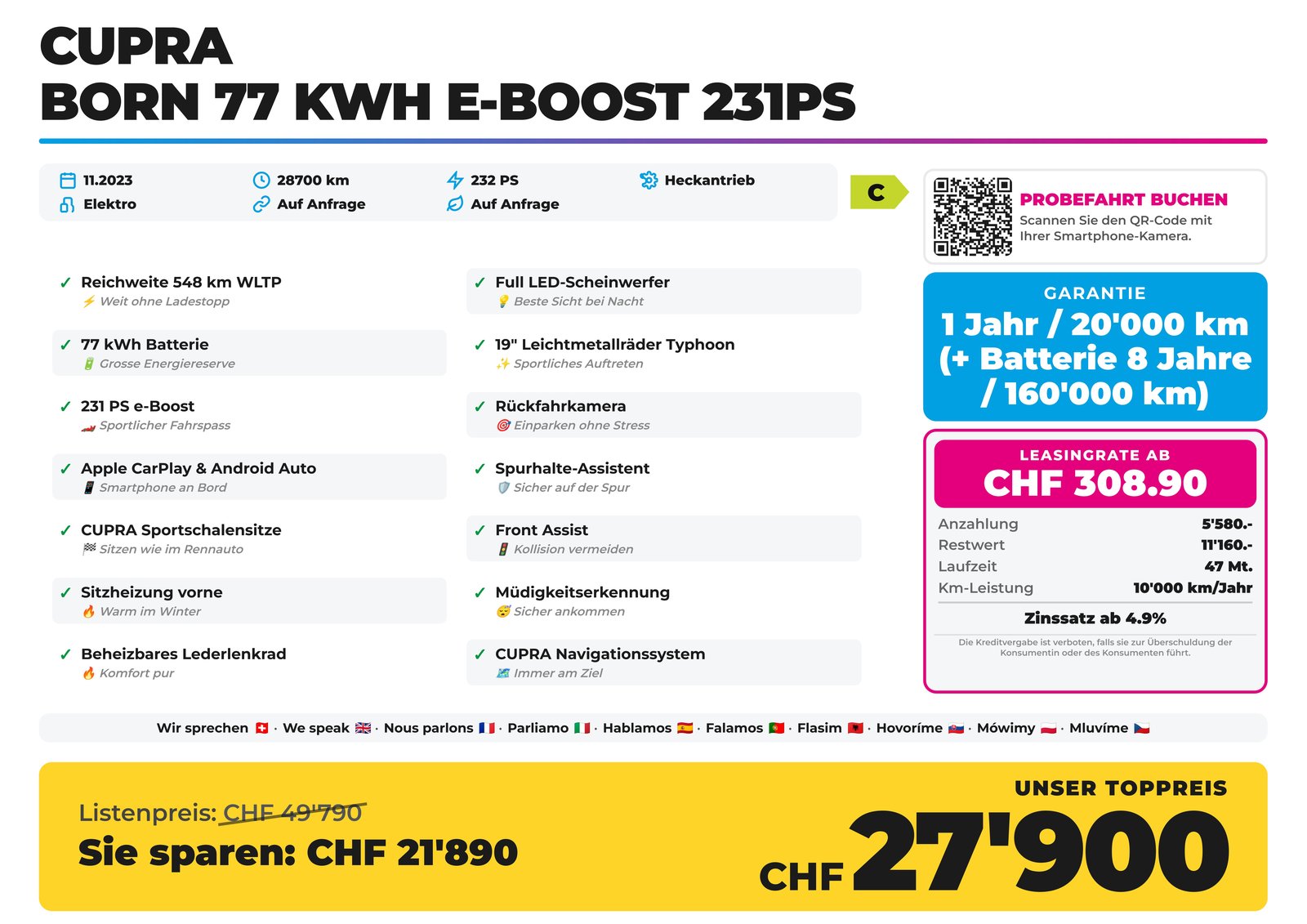 CUPRA Born 77 kWh e-Boost 231PS Reichweite 548 km, Elettrica, Occasioni / Usate, Automatico - 2