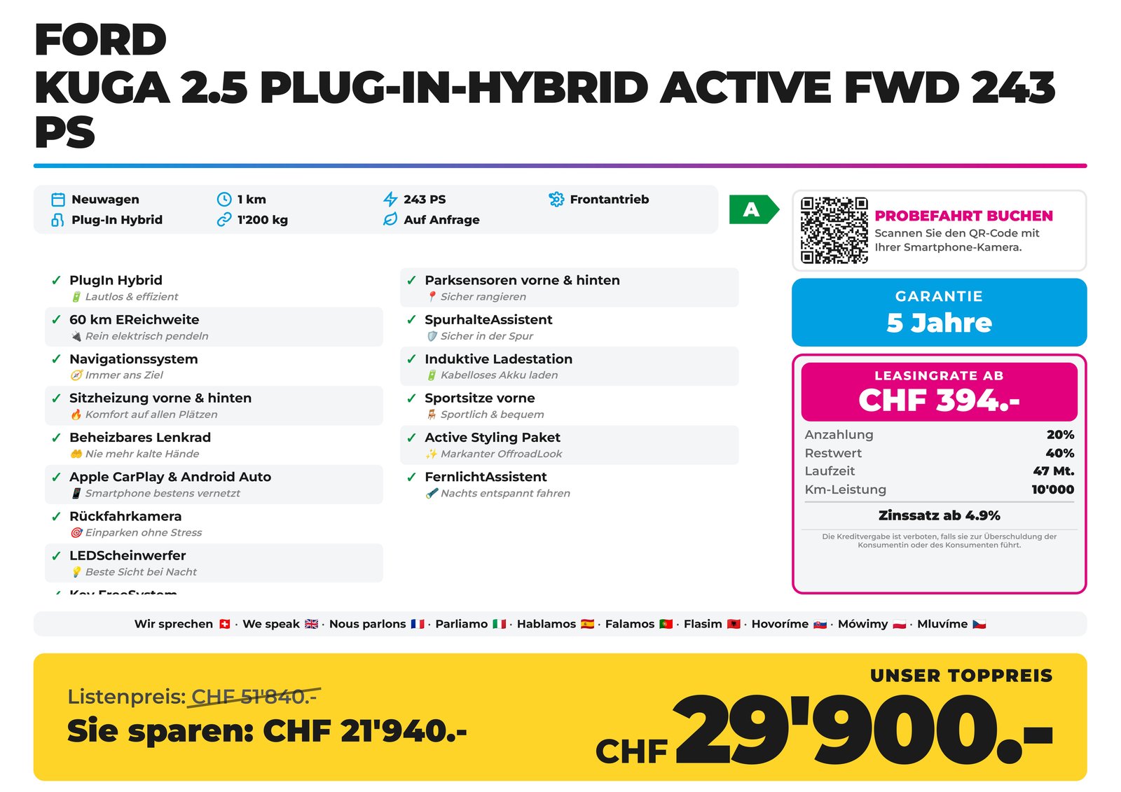 FORD Kuga 2.5 Plug-In-Hybrid Active FWD 243 PS, Plug-in-Hybrid Benzina/Elettrica, Auto nuove, Automatico - 3
