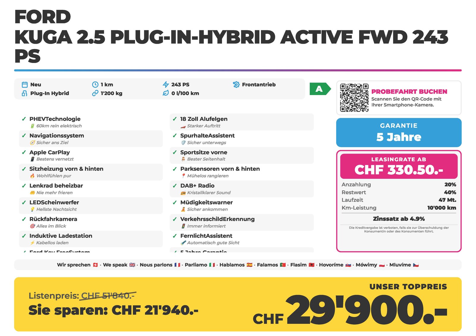 FORD Kuga 2.5 Plug-In-Hybrid Active FWD 243 PS, Plug-in-Hybrid Benzin/Elektro, Neuwagen, Automatik - 2