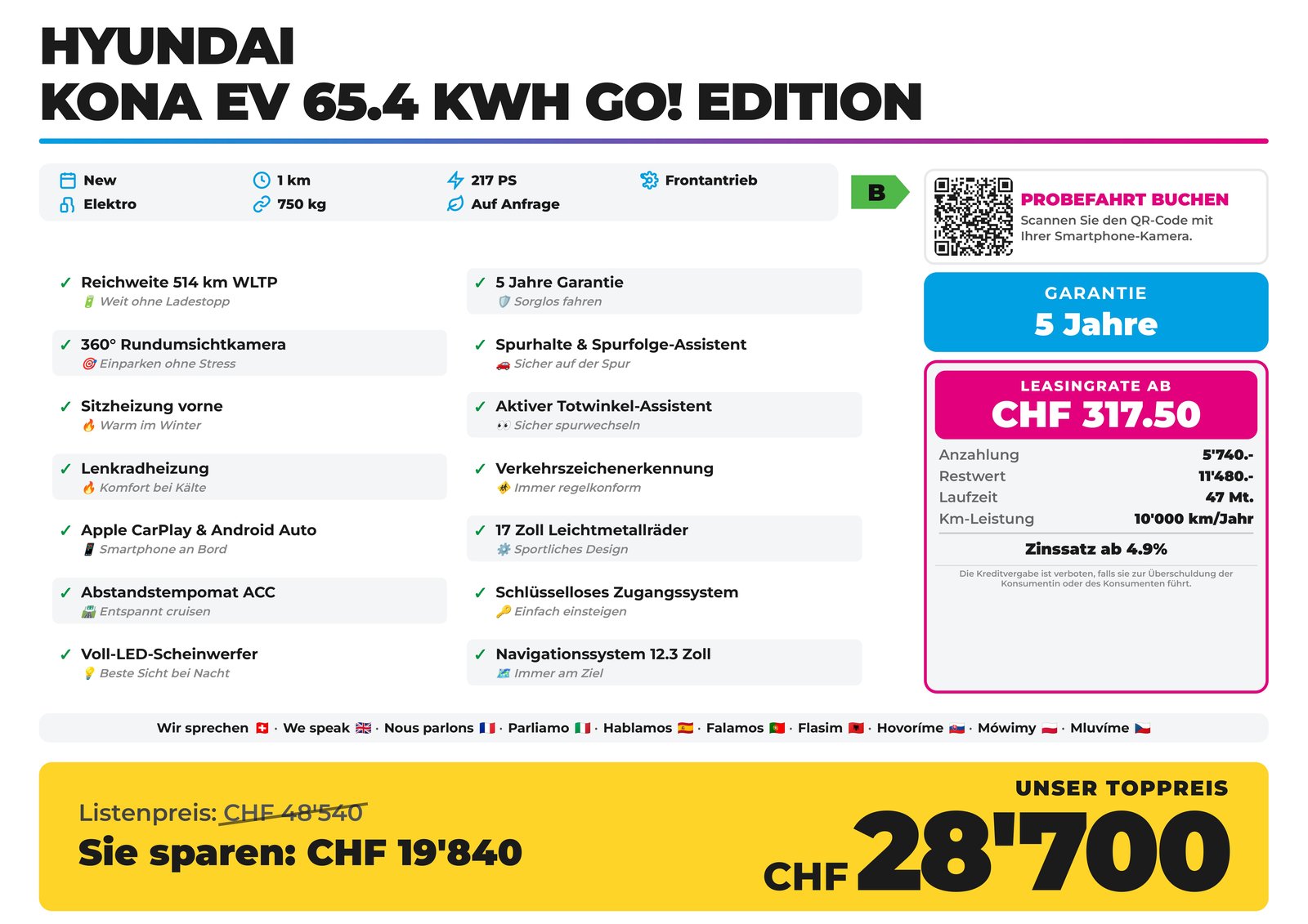 HYUNDAI Kona EV 65.4 kWh GO Edition 514 WLTP Reichweite, Electric, New car, Automatic - 2