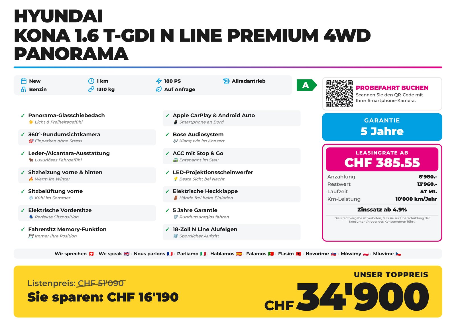 HYUNDAI Kona 1.6 T-GDi N Line Premium 4WD Panorama, Benzina, Auto nuove, Automatico - 2