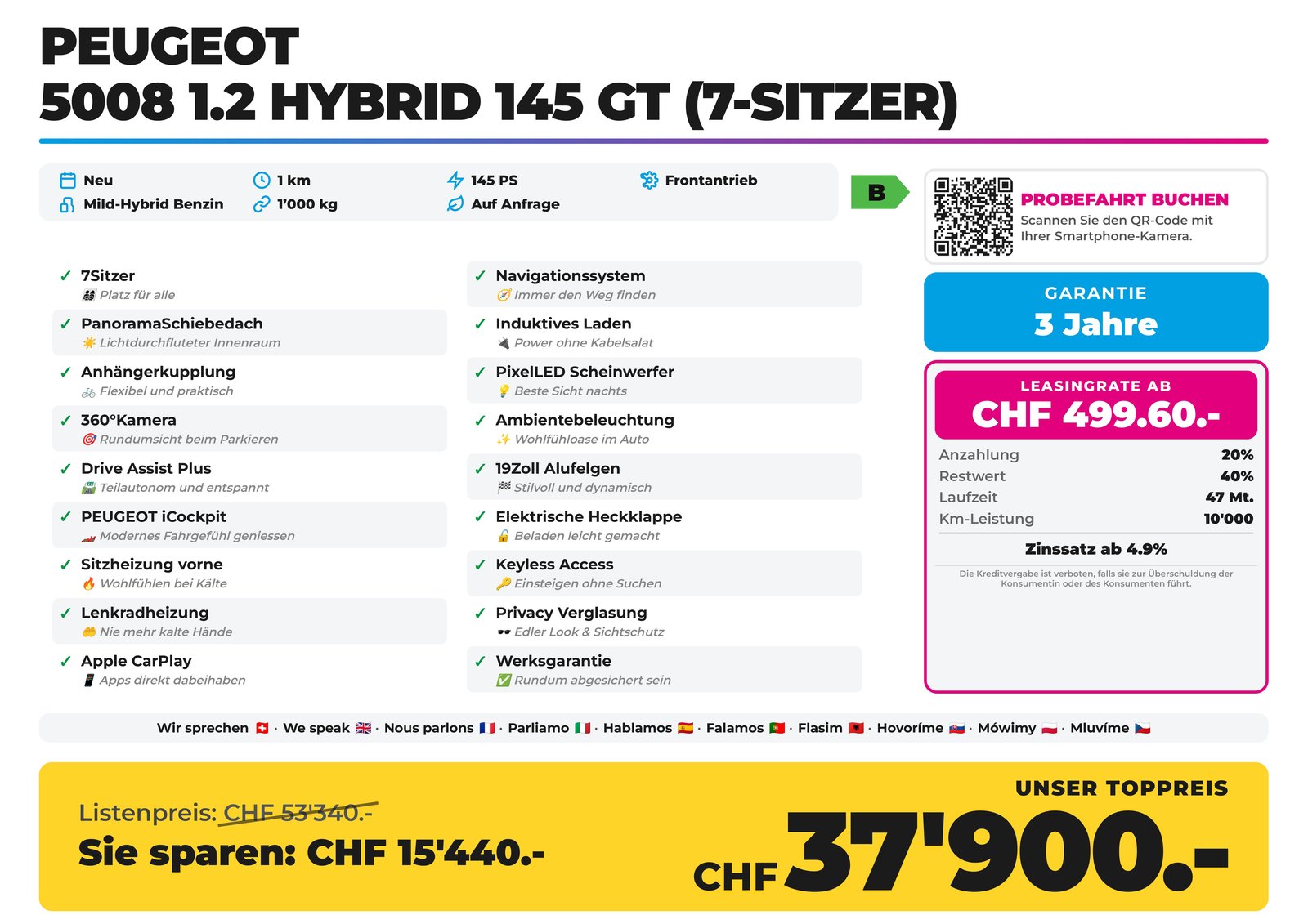 PEUGEOT 5008 1.2 Hybrid 145 GT 7-Sitzer Panorama AHK, Mild-Hybrid Petrol/Electric, New car, Automatic - 3