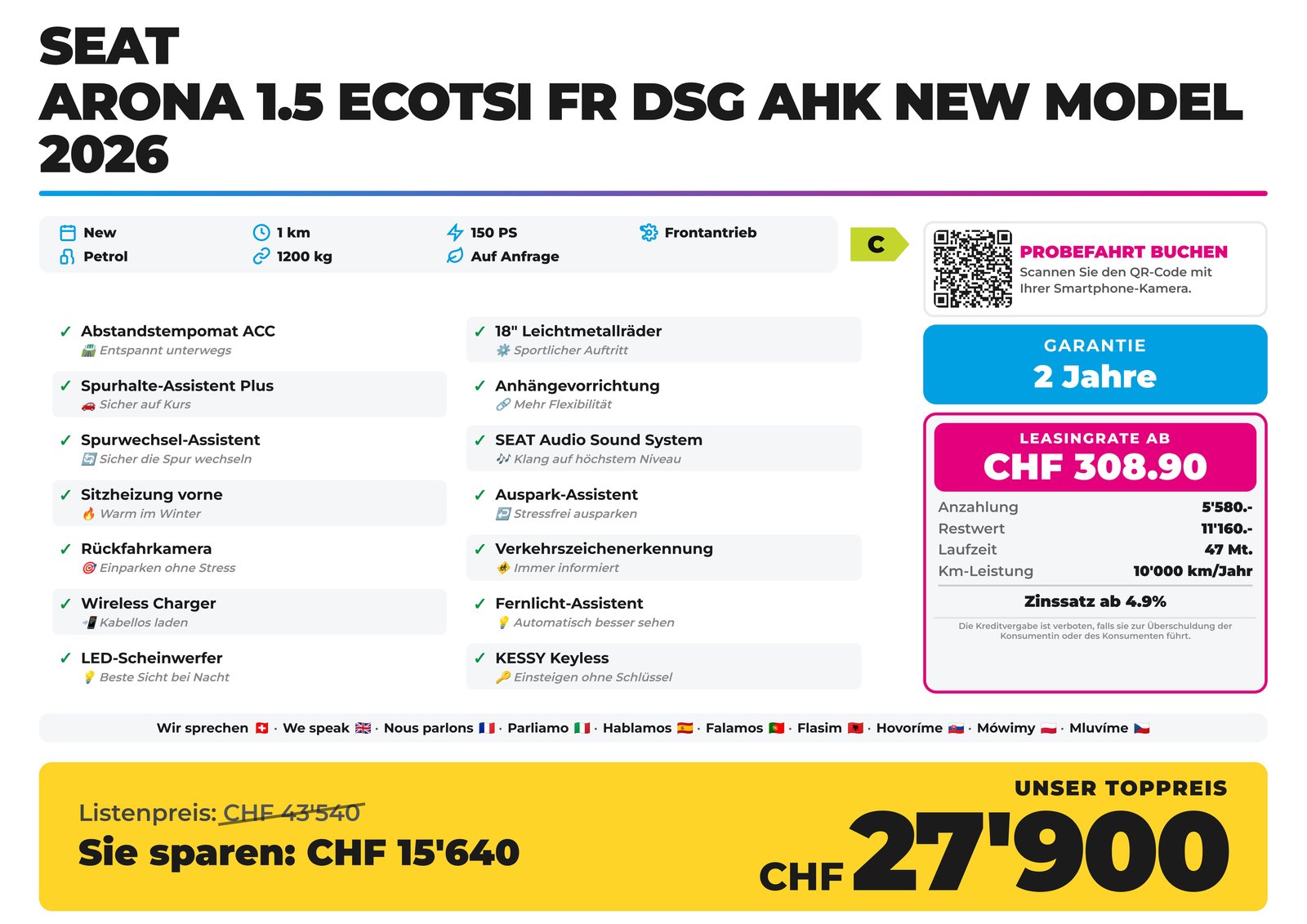 SEAT Arona 1.5 EcoTSI FR DSG AHK NEW Model 2026, Essence, Voiture nouvelle, Automatique - 2