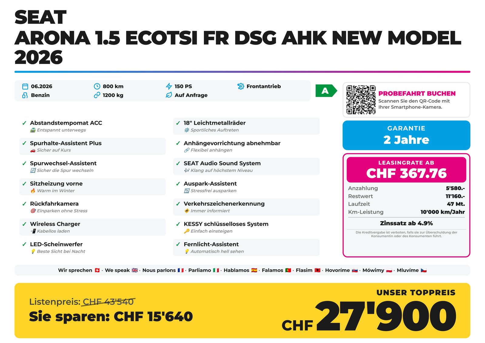 SEAT Arona 1.5 EcoTSI FR DSG AHK NEW Model 2026, Essence, Voiture de démonstration, Automatique - 2