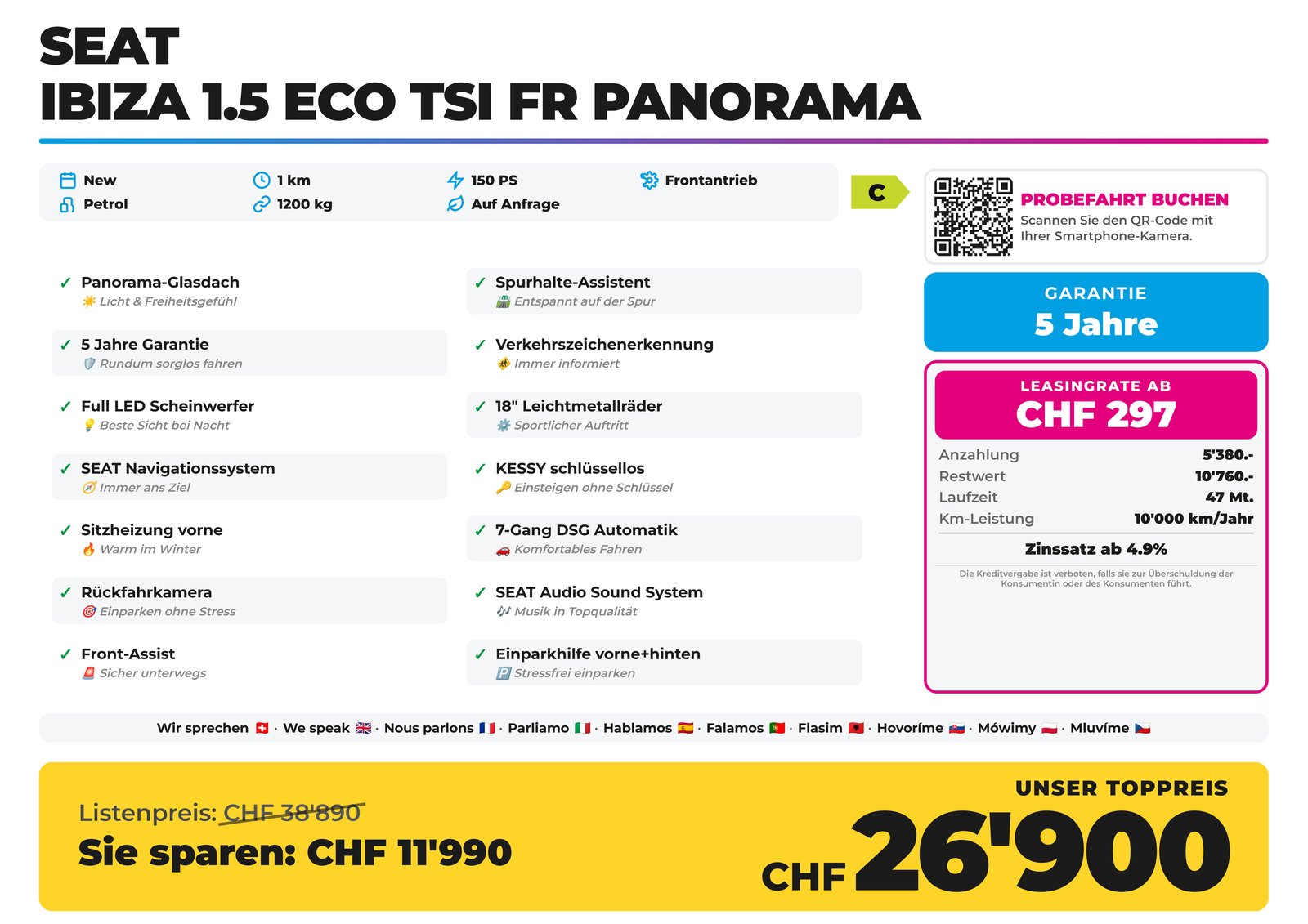 SEAT Ibiza 1.5 Eco TSI FR Panorama 5 Jahre Garantie, Benzin, Neuwagen, Automatik - 2
