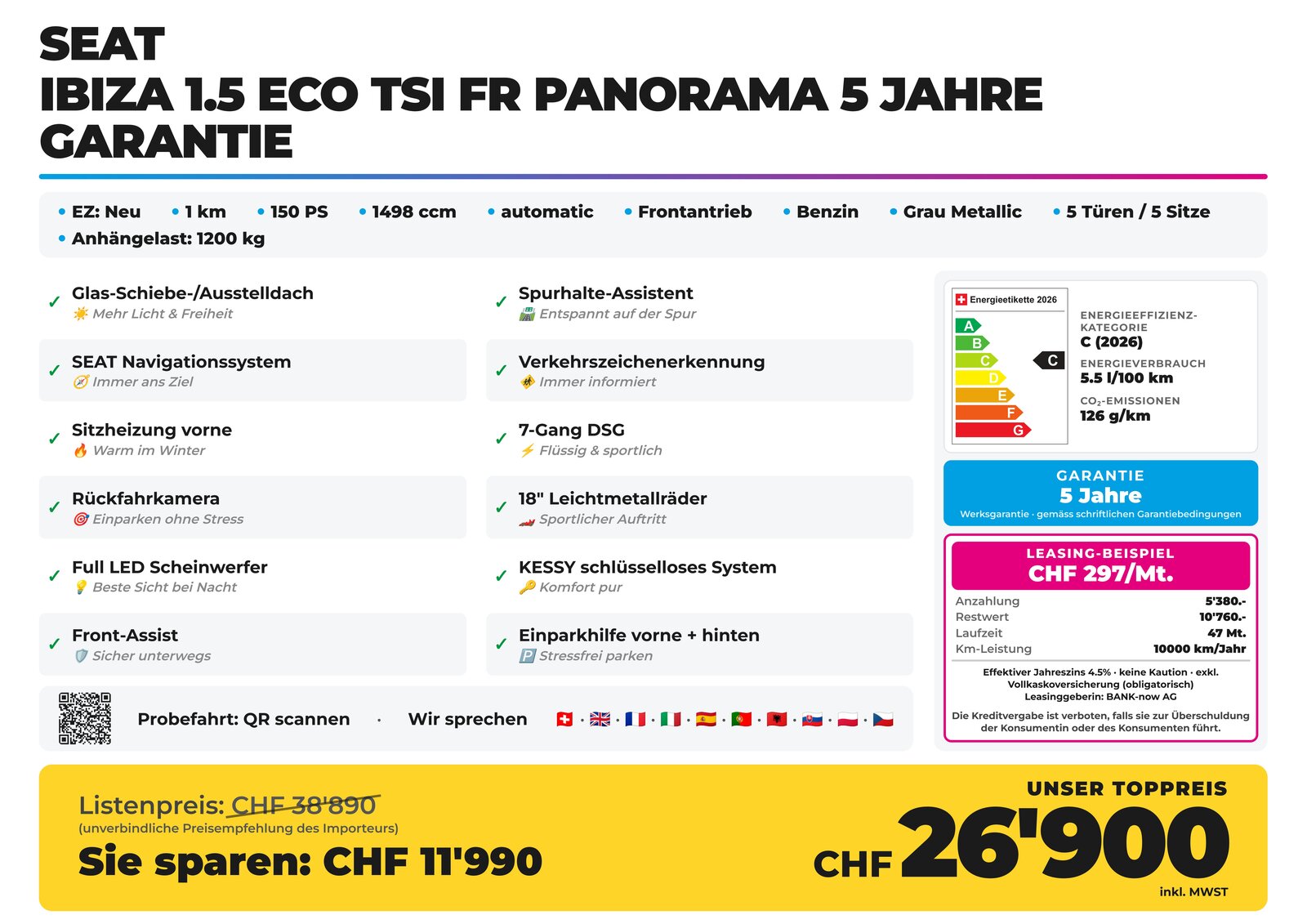 SEAT Ibiza 1.5 Eco TSI FR Panorama 5 Jahre Garantie, Benzin, Neuwagen, Automatik - 2