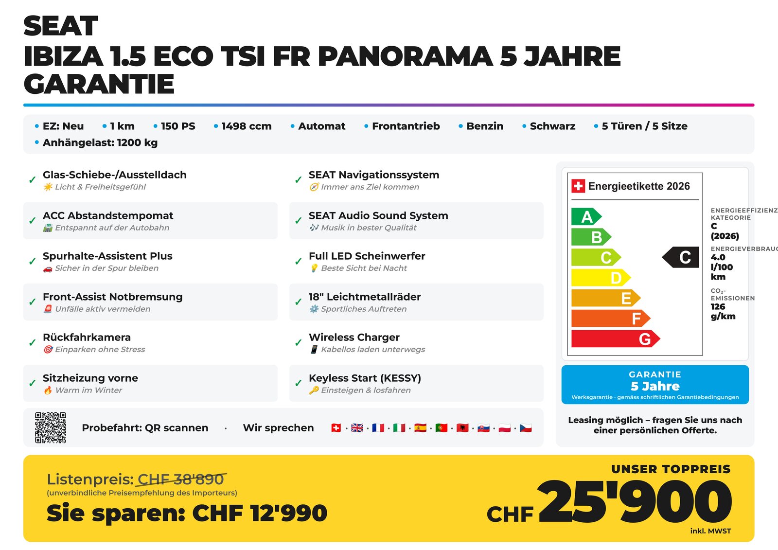 SEAT Ibiza 1.5 Eco TSI FR Panorama 5 Jahre Garantie, Benzin, Neuwagen, Automatik - 2
