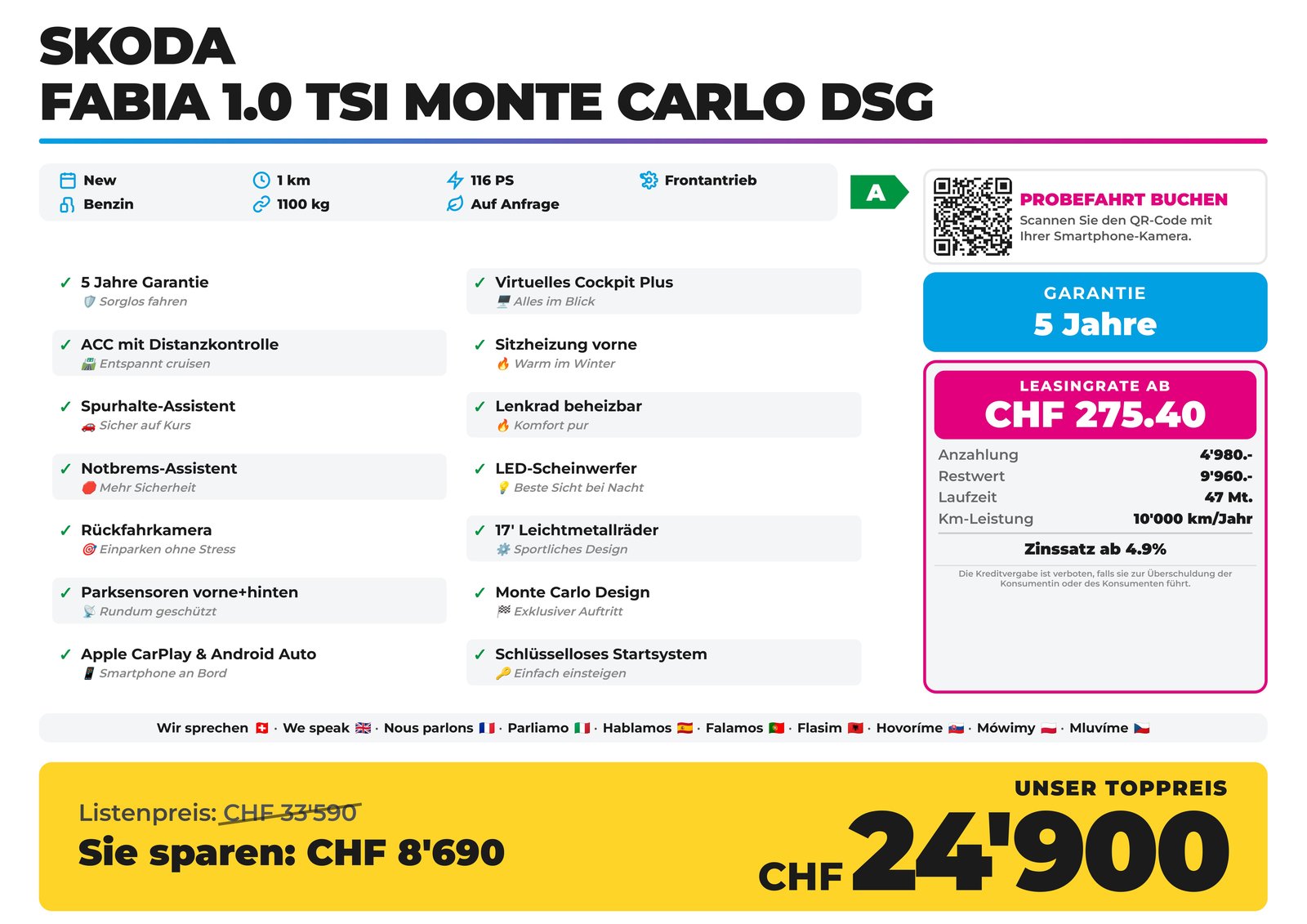 SKODA Fabia 1.0 TSI Monte Carlo DSG 2026, Benzina, Auto nuove, Automatico - 2