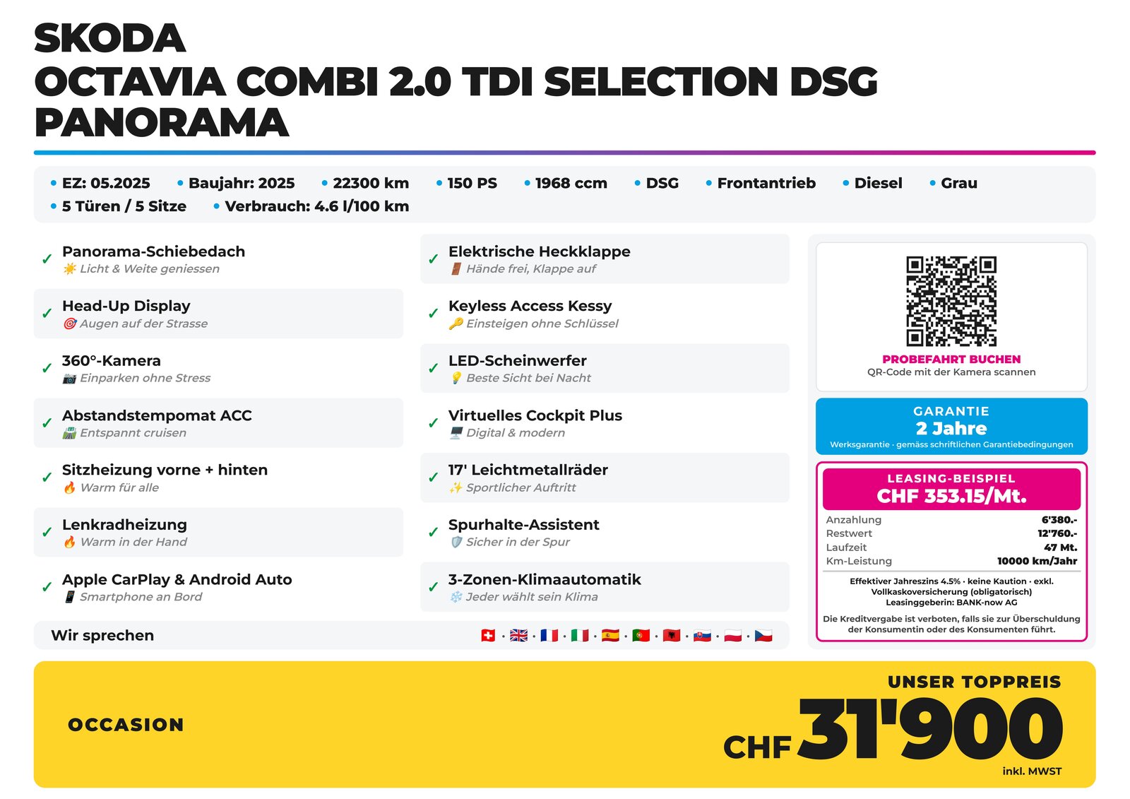 SKODA Octavia Combi 2.0 TDI Selection DSG Panorama, Diesel, Occasion / Utilisé, Automatique - 2
