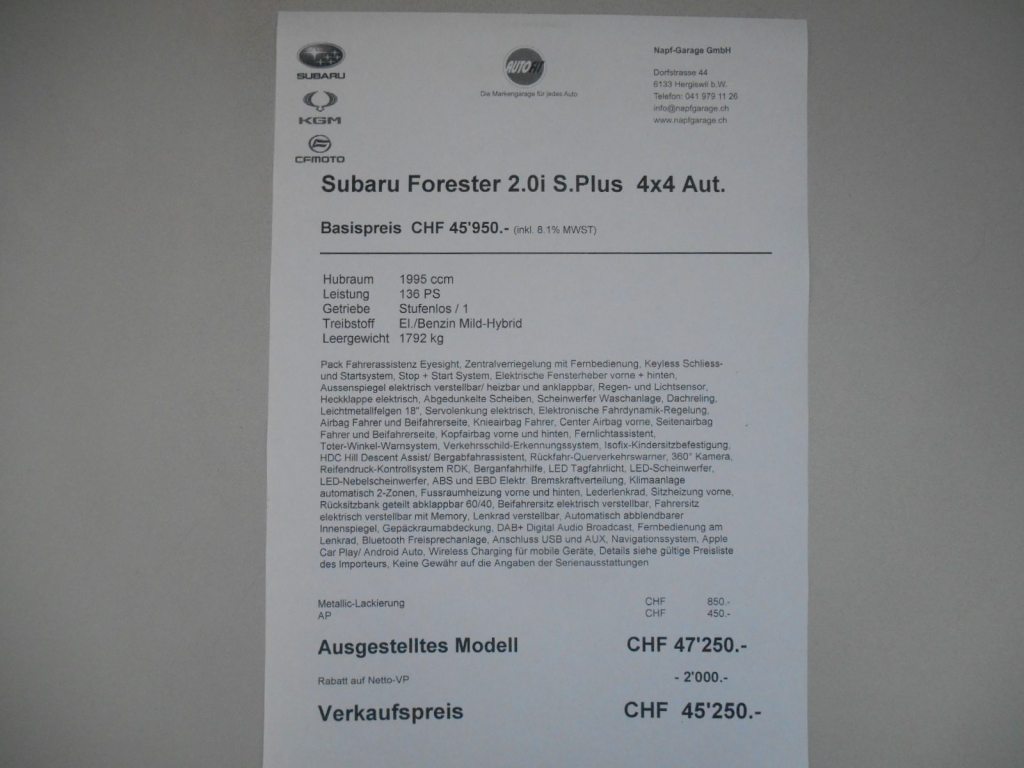 SUBARU FORESTER 2.0i e-Boxer Swiss Plus, Mild-Hybrid Petrol/Electric, New car, Automatic - 5