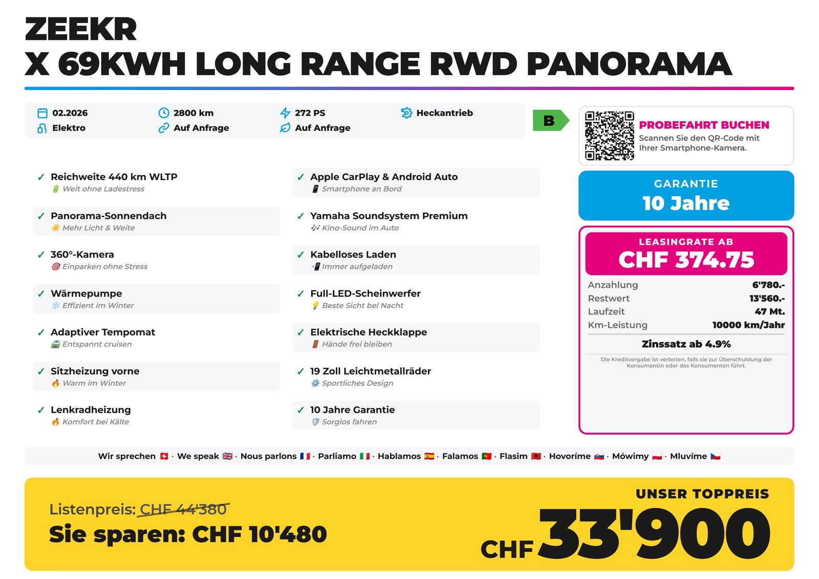 ZEEKR X 69kWh Long Range RWD Panorama Reichweite 440 km, Électrique, Voiture de démonstration, Automatique - 2